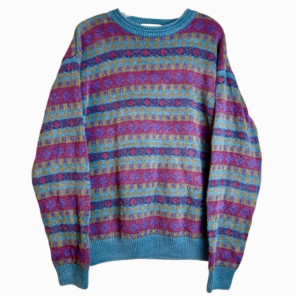 Vintage Sweater Purple 90s Crewneck Pullover Grandpa Geometric Oversized Sz M